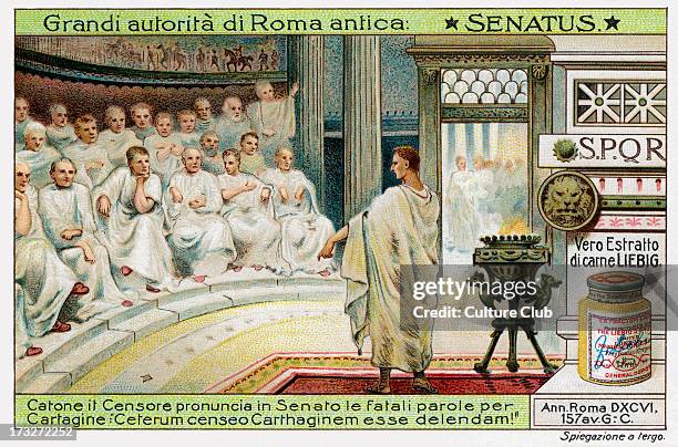 Catone the Censor addressing the Senate in Romeurging his countrymen to fight the Third Punic War and destroy Carthage . Caption reads: 'Ceterum...