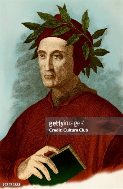 Dante Alighieri, typical portrait with laurel wreath, and book in his hand. Engraving. Italian poet, 1265-1321.