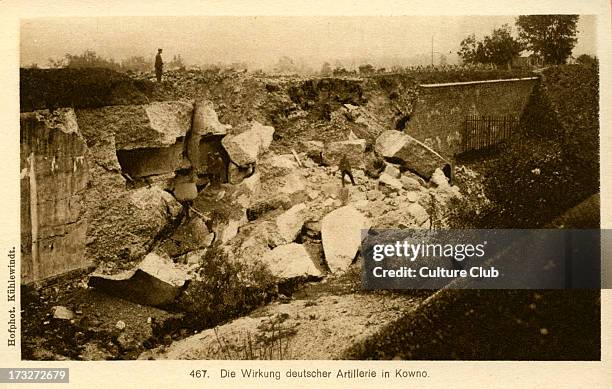 Eastern Front towns under World War I German occupation. Taken from photograph, shows fortification destroyed by German artillery in Kovno . Caption...