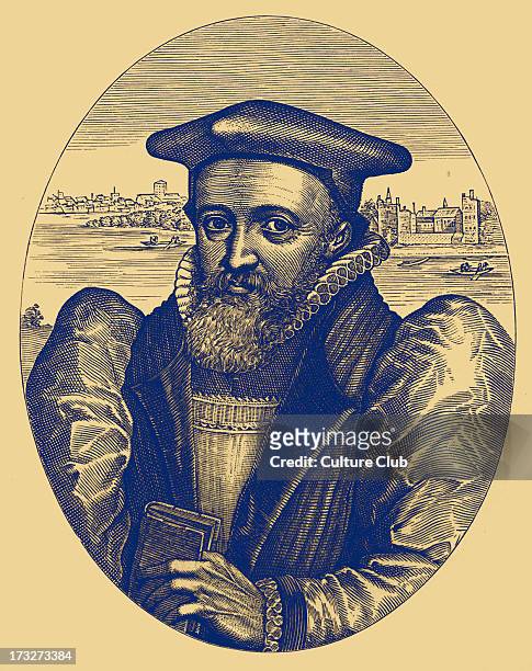 George Abbot, Archbishop of Canterbury, reproduced from the 1616 original engraving by Simon Pass. Lambeth can be seen in the background. GA: English...