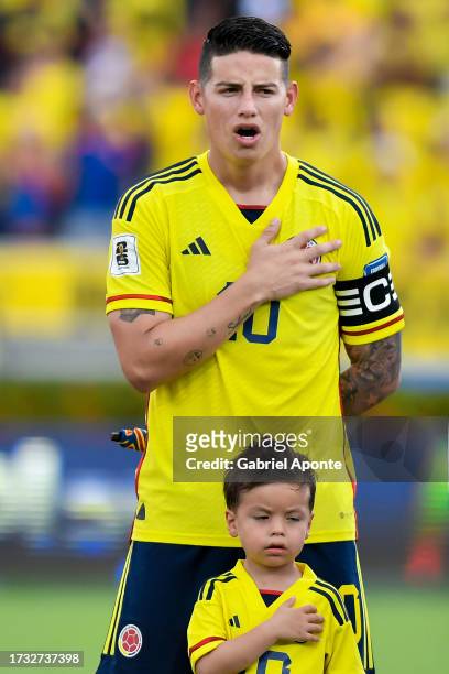 James Rodriguez of Colombia sings the national anthem prior the FIFA World Cup 2026 Qualifier match between Colombia and Uruguay at Roberto Melendez...