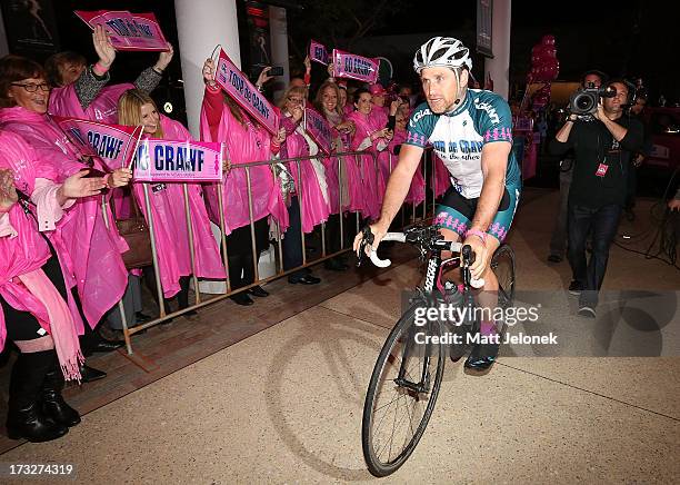 Shane Crawford arrives at Crown Perth for a LIVE recording of The Footy Show; nearing the end of his 3600km charity ride around Australia on July 11,...