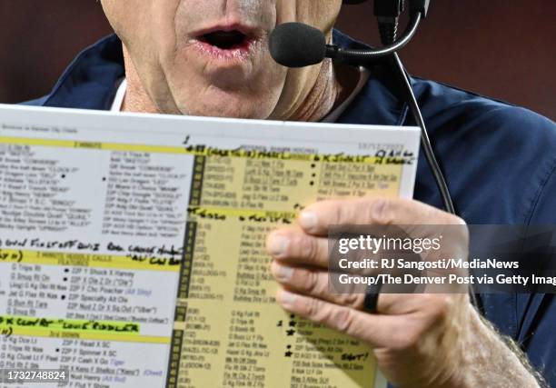 Denver Broncos head coach Sean Payton calls plays during the first half on October 12, 2023 in Kansas City, Missouri. The Kansas City Chiefs take on...