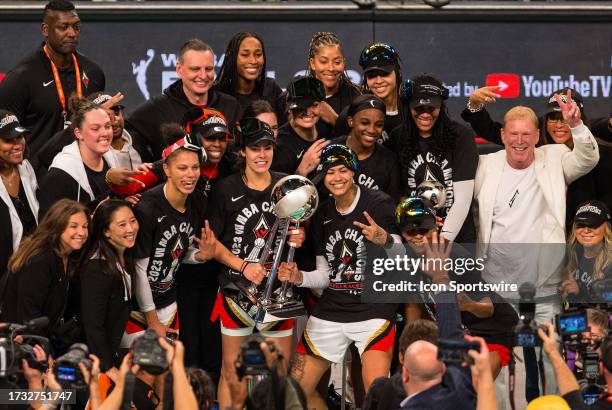 Las Vegas Aces celebrate after defeating the New York Liberty in game 4 of the 2023 WNBA Finals to win the championship on October 18 at Barclays...