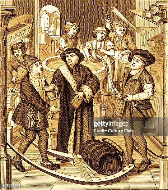 The Bishop of Tournai receiving the tithe of beer granted to him by King Chilperic, 15th century.