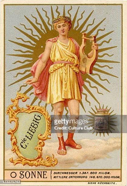 Heavenly Bodies. Published 1892. Sun and astrological symbol. Translation: 'Diameter: 1 000 km. Orbit: 148 000 km.' Liebig Company collectible cards...
