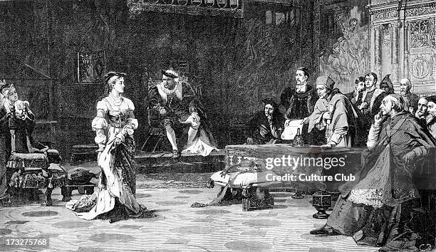 The Trial of Catherine - after painting by Laslett J. Pott. Catherine of Aragon, first wife of Henry VIII, testifying at the Legatine Court, at which...