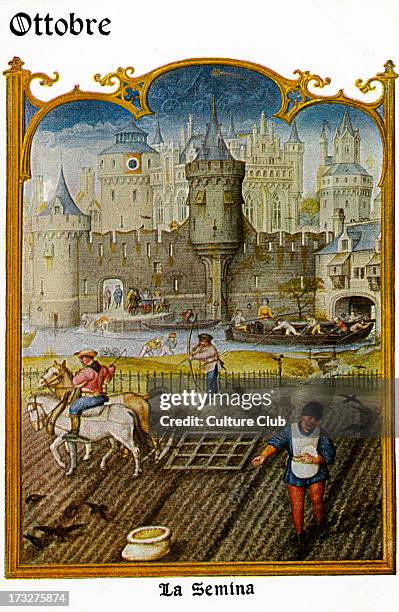 Grimani Breviary - October . Scene entitled 'La Semia' . Flemish illuminated manuscript, produced in Ghent and Bruges c. 1515-1520 . Artist included...
