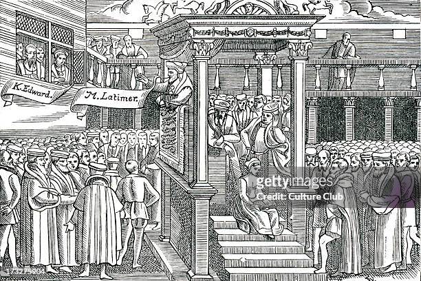 Latimer preaching before Edward VI. From a woodcut in Foxe's 'Martyrs', 1563. Hugh Latimer, Bishop of Worcester, Fellow of Clare College, Cambridge...