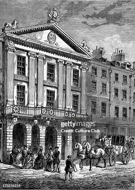 Front view of the Drury Lane Theatre in the 18th century. .