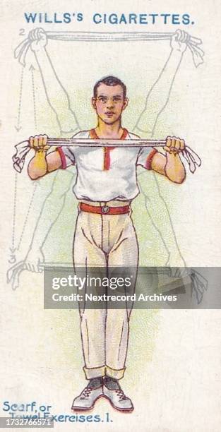 Collectible illustrated tobacco or cigarette card, 'Physical Culture' series, published in 1914 by Wills Cigarettes, depicting a male athlete...