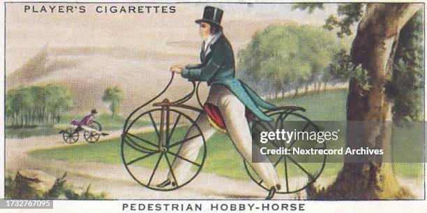 Collectible tobacco or cigarette card, 'Cycling' series, published in 1939 by John Player and Sons Cigarettes, depicting the 100 year history of the...