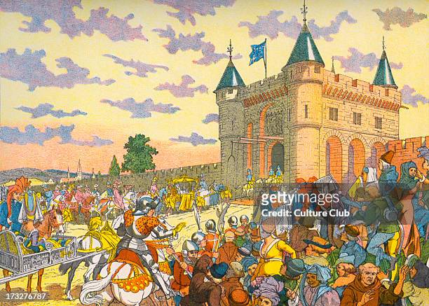 Isabeau of Bavaria entering Paris on a litter . At the Porte St Denis. Litter, wheelless vehicle. IB: Queen consort of France and wife of the Valois...