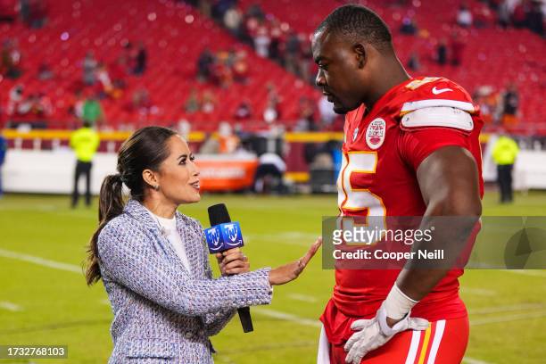 Chris Jones of the Kansas City Chiefs is interviewed by Kaylee Hartung after an NFL football game between the Denver Broncos and the Kansas City...