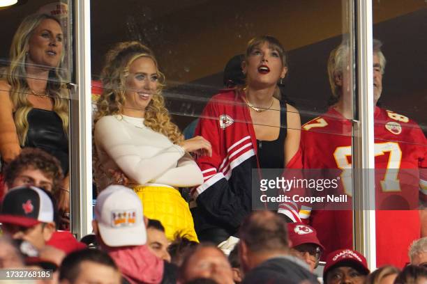 Taylor Swift watches as the Kansas City Chiefs face the Denver Broncos at GEHA Field at Arrowhead Stadium on October 12, 2023 in Kansas City,...