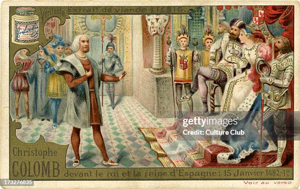 Christopher Columbus before audience of Ferdinand II of Aragon and Isabella I of Castile, 15 January 1492. Columbus sought patronage for his first...