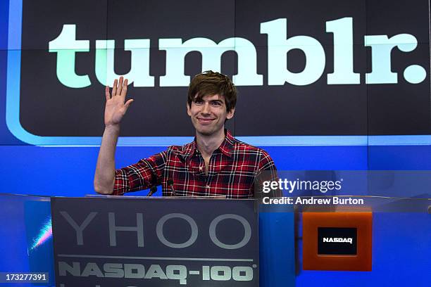 David Karp, founder of the micro-blogging site Tumblr, opens the NASCAQ Exchange on July 11, 2013 in New York City. Tumblr was bought by Yahoo! for...