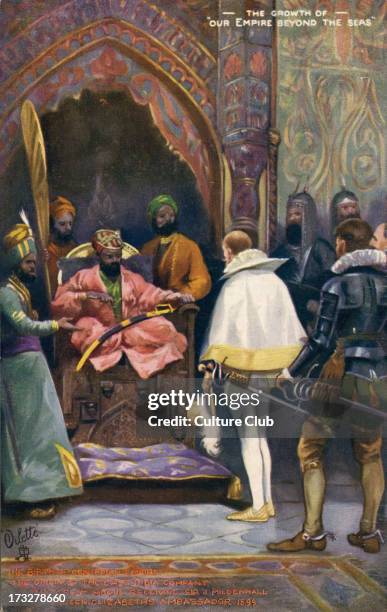 Sir J Mildenhall received by Akbar the Great. Early 20th century illustration imagining the first meeting of the East India Trading Company with the...