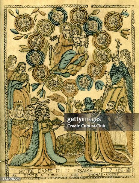 Our Lady of the Rosary - from engraving by Thomas Vincent, Quimper, France, early 18th century. Copied from a 17th century wood engraving. Pictured:...