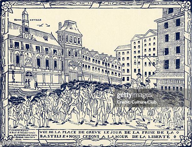 Place de Grève at the Storming of the Bastille, 14 July 1789 - from engraving by Letourmy of Orléans, end of 18th century. Caption: 'Nous cedons a...