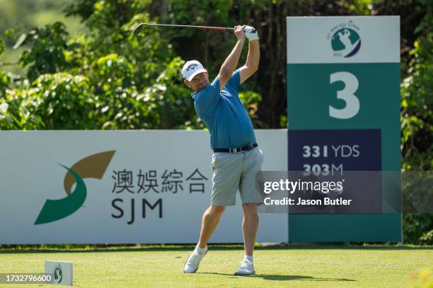 David Drysdale of Scotland tees off on the 3rd hole during the second round of the SJM Macao Open at Macau Golf and Country Club on October 13, 2023...