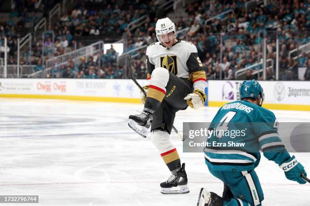 Brayden Pachal of the Vegas Golden Knights celebrates in front of Kyle Burroughs of the San Jose Sharks after he scored a goal in the third period at...