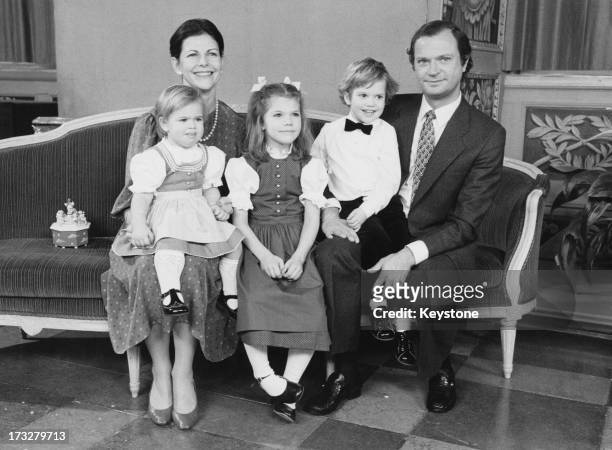 The Swedish Royal Family pose for the annual Christmas photograph at home in Drottningholm Palace , Sweden, 14th December 1983. L - R; Queen Silvia...