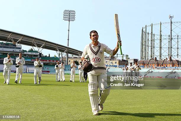 Ricky Ponting of Surrey acknowledges the crowd as he leaves the field during the LV County Championship match between Surrey and Nottinghamshire at...