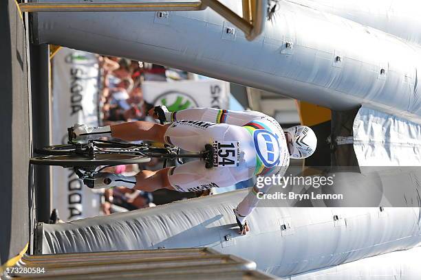 World Time Trial Champion Tony Martin of Germany and Omega Pharma-Quick Step prepares to start stage eleven of the 2013 Tour de France, a 33KM...