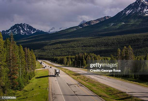 Nearly deserted Trans-Canada Highway 1 is viewed on June 27, 2013 near Lake Louise, Alberta, Canada. Major flooding along the Bow River in June...
