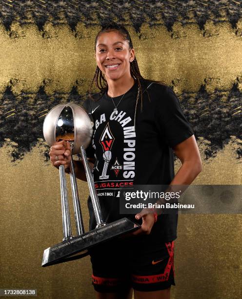 Candace Parker of the Las Vegas Aces poses for a photo after winning the WNBA Final during Game 4 of the 2023 WNBA Finals on October 18, 2023 at...