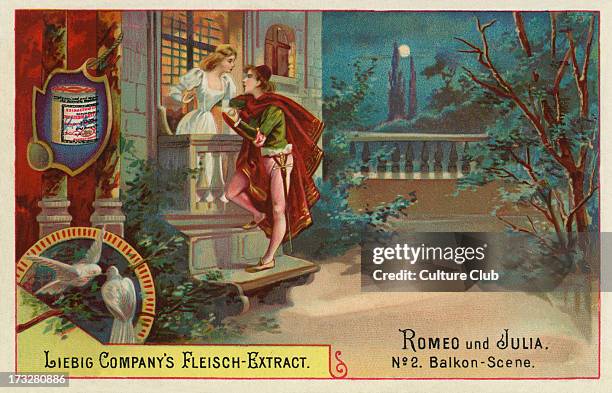 Romeo and Juliet by William Shakespeare. Scene caption: 'The balcony scene' . Liebig card, Romeo und Julia, 1895 . English poet and playwright...