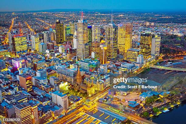 aerial view of melbourne city skyline - melbourne skyline stock pictures, royalty-free photos & images