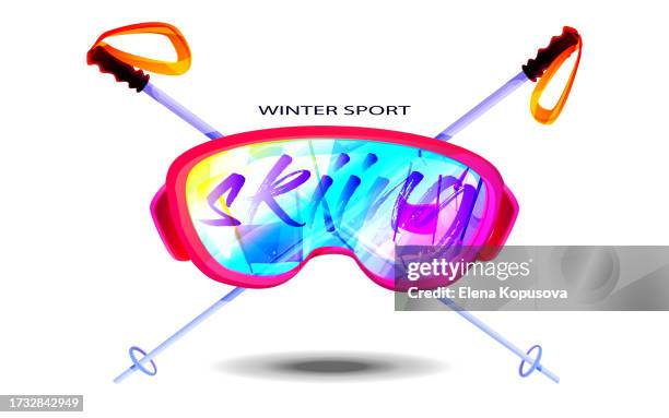 skiing and vacation concept in cartoon style. protective sports glasses with reflection of a mountain slope with ski poles on a white background. close-up. - extreme winter weather stock illustrations