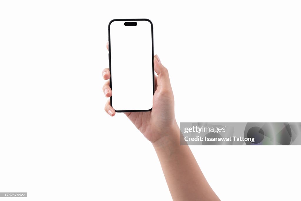 Woman hand holding smartphone isolated on white background