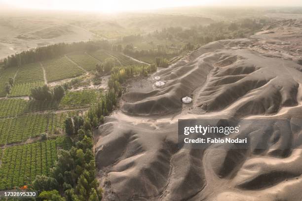 photo of a vineyard in a desert landscape captured from above, gansu - china - gobi desert stock pictures, royalty-free photos & images