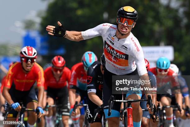 Jonathan Milan of Italy and Team Bahrain Victorious - White best young jersey celebrates at finish line as stage winner during the 4th Gree-Tour of...