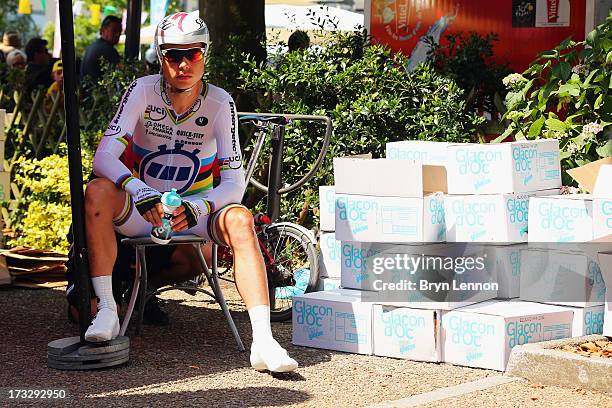 World Time Trial Champion Tony Martin of Germany and Omega Pharma-Quick Step prepares to start stage eleven of the 2013 Tour de France, a 33KM...