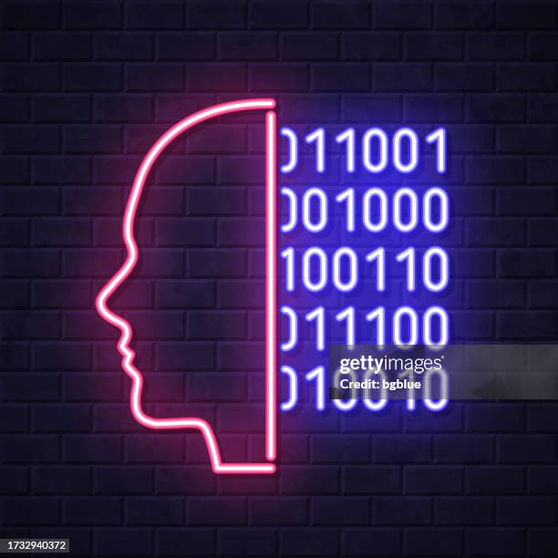 human face with binary code. glowing neon icon on brick wall background - computer glow on face stock illustrations
