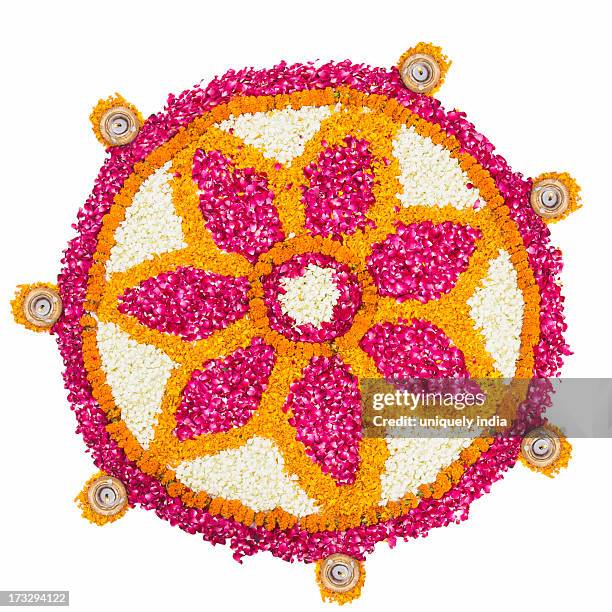 rangoli of flowers at onam - onam stock pictures, royalty-free photos & images