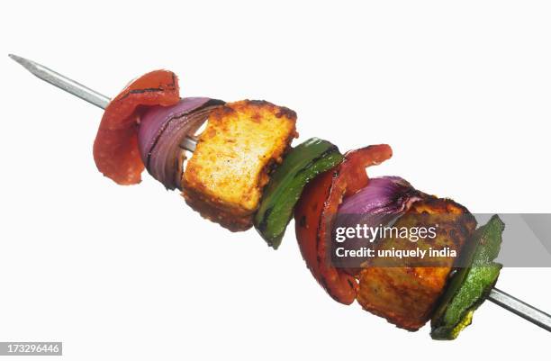 close-up of grilled vegetable kebab - vegetable kebab stock pictures, royalty-free photos & images