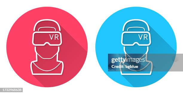 man with vr headset - virtual reality. round icon with long shadow on red or blue background - round eyeglasses clip art stock illustrations