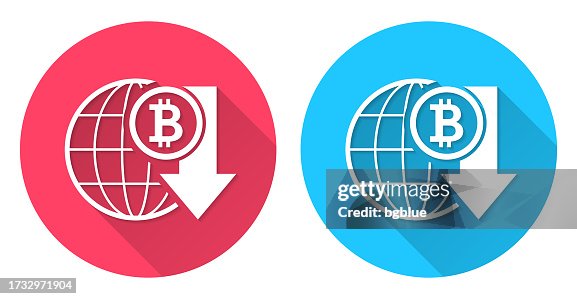 Bitcoin rate decrease. Round icon with long shadow on red or blue background Bitcoin rate decrease. Round icon with long shadow on red or blue background