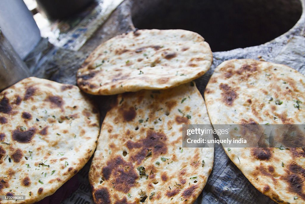 Close-up of Indian breads (Kulcha), Amritsar, Punjab, India