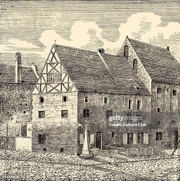 Birth house of Nicolaus Copernicus, Torun, Poland. Lithograph by unknown artist. Astronomer, first to come up with heliocentric theory of cosmology,...