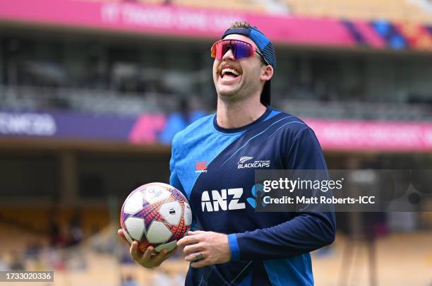 Lockie Ferguson of New Zealand reacts ahead of the ICC Men's Cricket World Cup India 2023 between New Zealand and Bangladesh at MA Chidambaram...