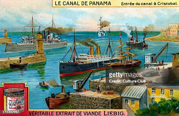 Entrance to canal at Cristobal . Liebig collectible card series . Constructed between 1881 and 1914 across the Isthmus of Panama. Early 20th century.