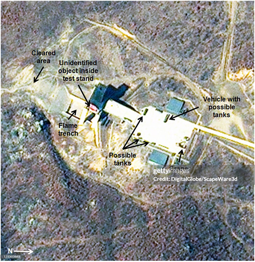 This is Figure 3.  Probable engine test activity in progress at the rocket engine test stand. Satellite Imagery taken on March 29, 2013.  (Photo DigitalGlobe/38 North via Getty Images)