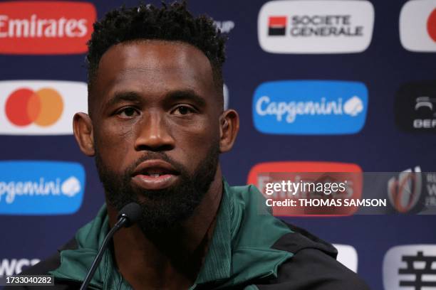 South Africa's flanker Siya Kolisi holds a press conference in Presles, north of Paris, on October 19 ahead of the France 2023 Rugby World Cup...