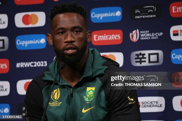 South Africa's flanker Siya Kolisi holds a press conference in Presles, north of Paris, on October 19 ahead of the France 2023 Rugby World Cup...